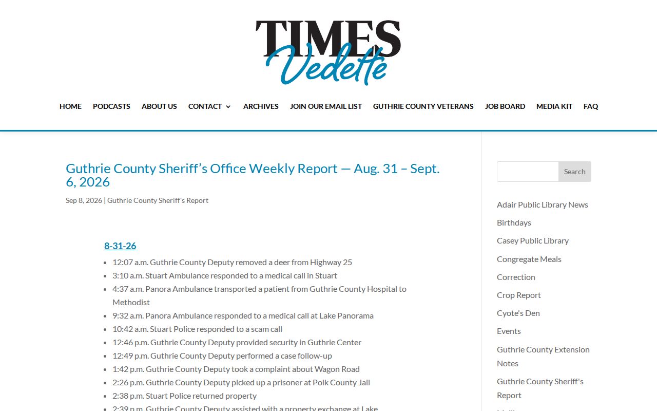 Guthrie County Times Vedette sheriff report archive page