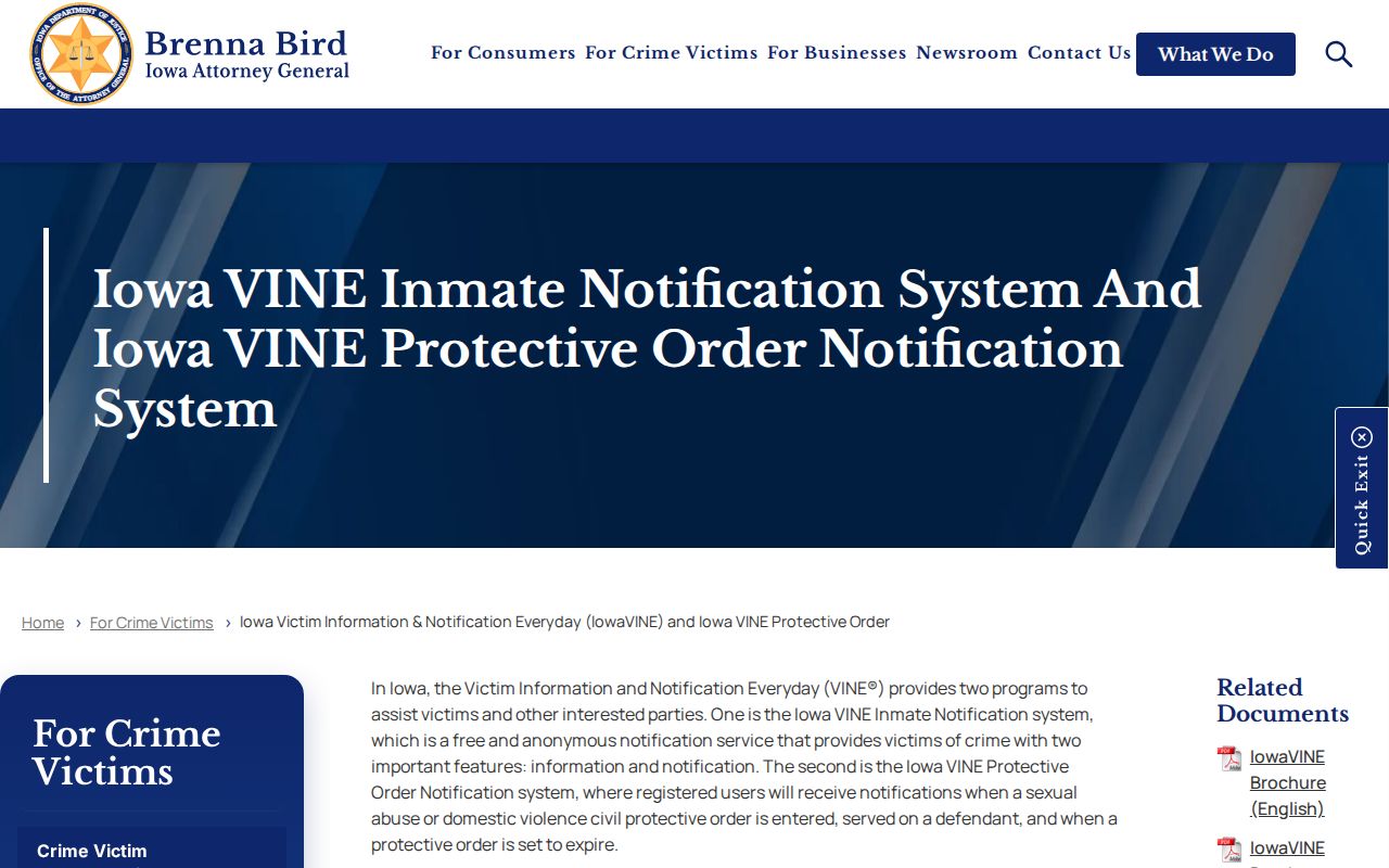 Iowa Attorney General IowaVINE information page