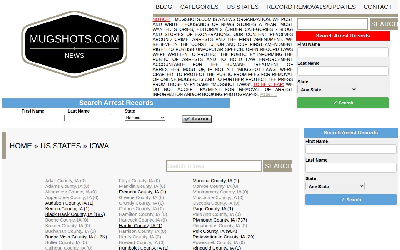 Unofficial Mugshots.com Iowa index showing county navigation context